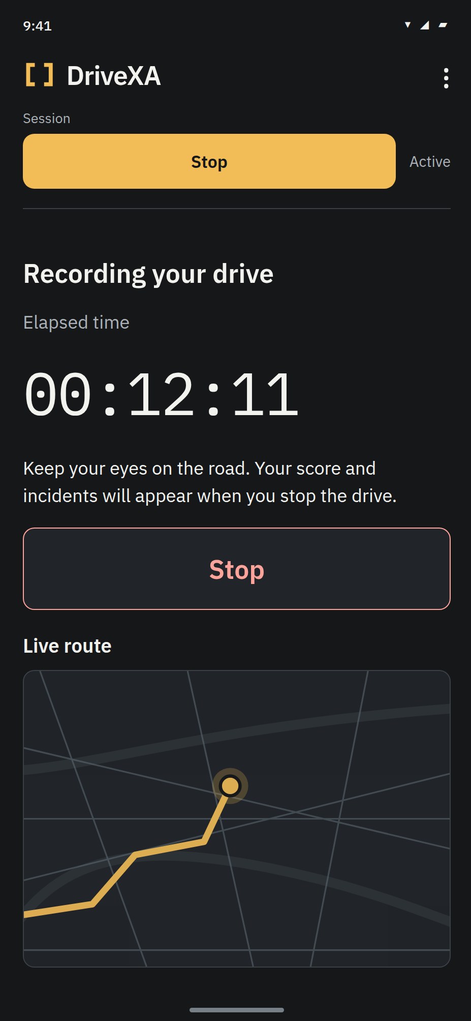 DriveXA trip tracking screen
